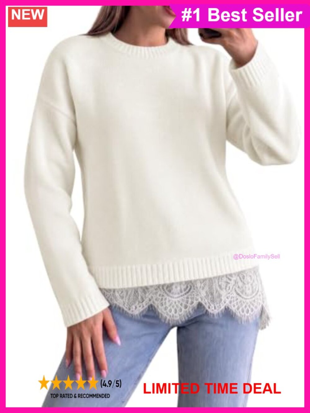 Lace Patchwork Long Sleeve Knit Pullover Sweater Crew Neck